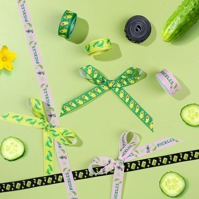 4 Rolls Pickles Ribbons, 5/8" x 20 Yard Cucumber Printed Grosgrain Ribbon Funny Pickle Party Decorations Green Pink Stripe Pickle Theme Craft Ribbons Kind of A Big Dill Theme Decoration