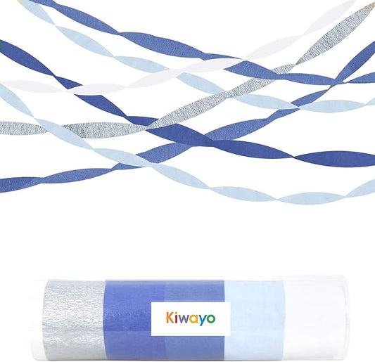 Dusty Blue Silver White Crepe Paper Streamers Baby Boy Shower Bachelorette Party Decorations(5 Rolls)- Light Baby Blue, Royal Blue Paper Crafts for Birthday Boy, Wedding,Blue White Theme Hanging Décor