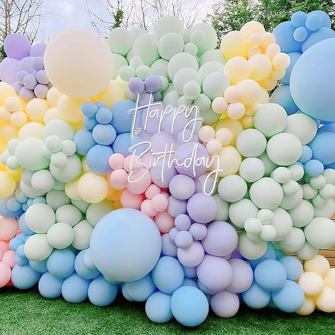 PartyWoo Pastel Balloon Arch Kit Garland 142pcs Different Sizes of 18 12 10 5 Inch Light Baby Pale Pink Blue Green Purple Yellow Orange Balloons for Baby Shower Graduation Birthday Party Decorations
