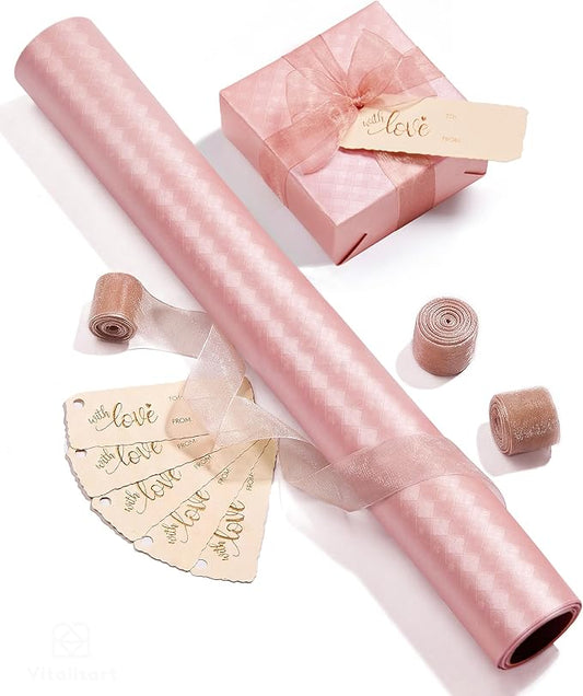 Vitalizart Pink Metallic Grid Wrapping Paper Set 17" With Organza Ribbon & Gift Tags Christmas Gift Wrapping Birthday Baby Shower Wedding Bouquets Handmade Crafts 197"(16.4 Ft) Pink Ribbon