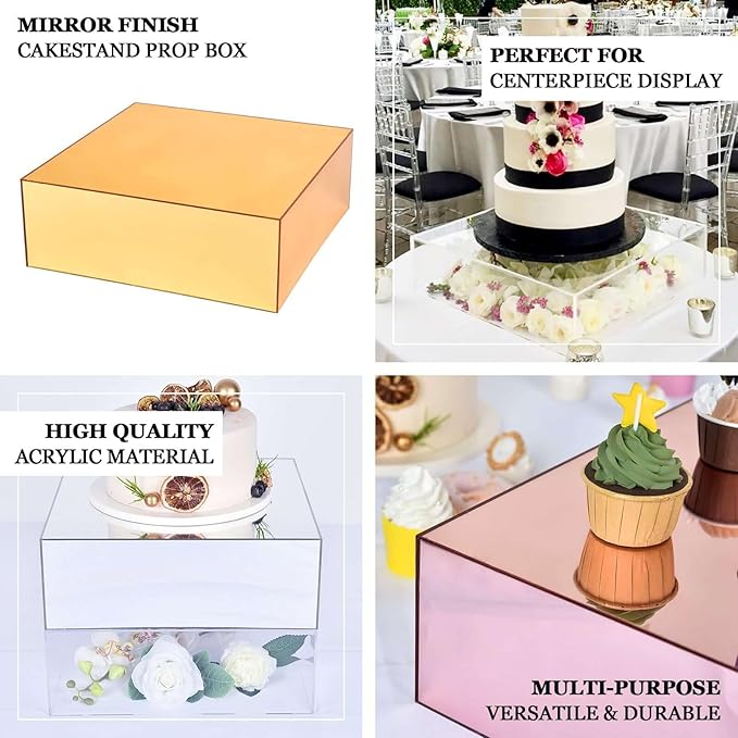 Efavormart 14"x14" Gold Acrylic Cake Box Stand, Mirror Finish Display Pedestal Riser with Hollow Bottom, Elegant Cake Support for Weddings, Galas, and Sophisticated Party Events
