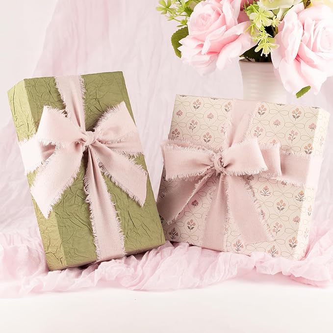Pink Cotton Ribbon 1 Inch Pink 3 Rolls 21 Yards Frayed Edge Fabric Set for Bridal Shower, Baby Shower, Wedding Invitations, Birthday Party & Gift Wrapping