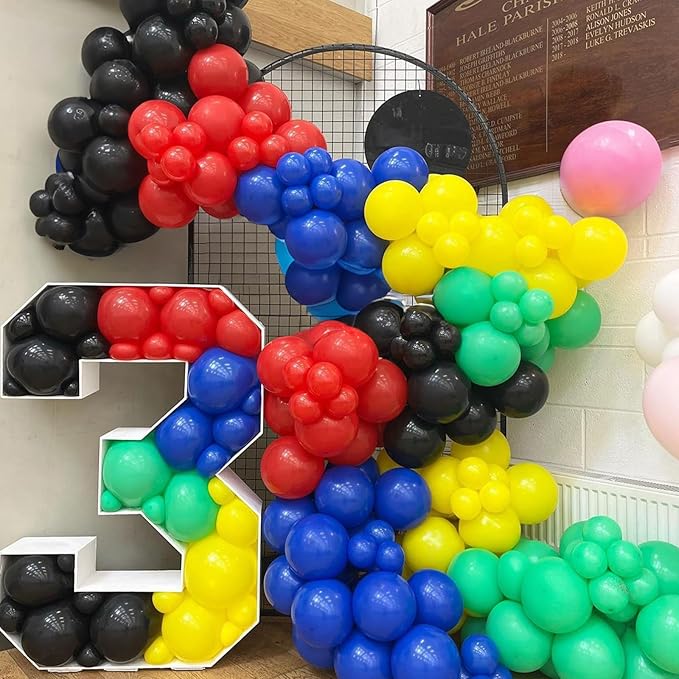 60 Pack Balloons Red Yellow Green Blue Black Party Balloons with Metallic Silver Helium Balloon, Rainbow Colorful Latex Balloons Set for Kids Birthday Carnival Themed Decorations