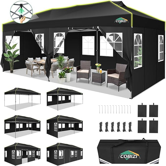 COBIZI 10x20 Pop Up Canopy Tent with 6 Removable Sidewalls, One Push Party Tent Outdoor Waterproof Event Canopy with Air Vent for Parties Commercial Wedding, 3 Height, Carry Bag, Sandbag, Black
