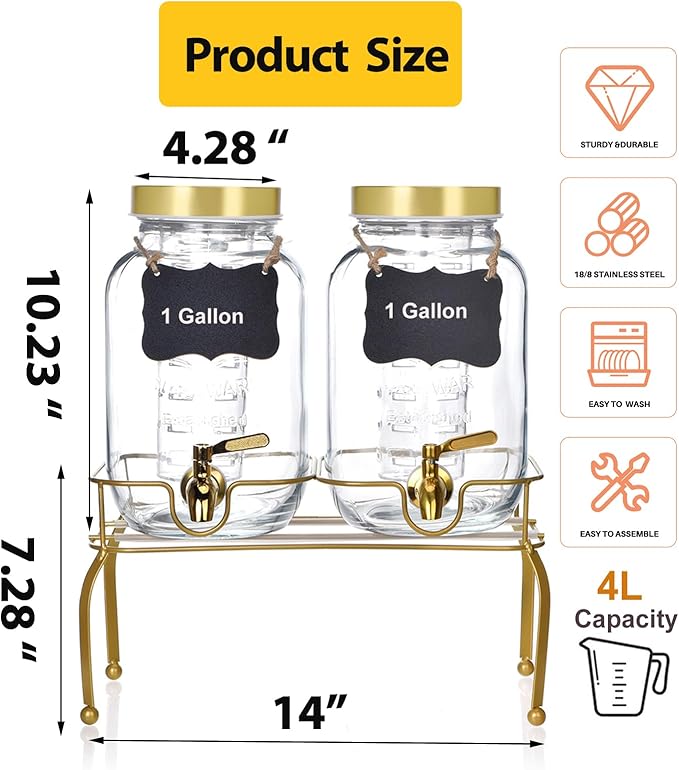 1 Gallon Glass Drink Dispenser Set of 2 – Drink Dispensers for Parties, Beverage Dispenser with Stand & 100% Leakproof Spigot, Ideal for Lemonade, Juice, Laundry Detergent Dispenser