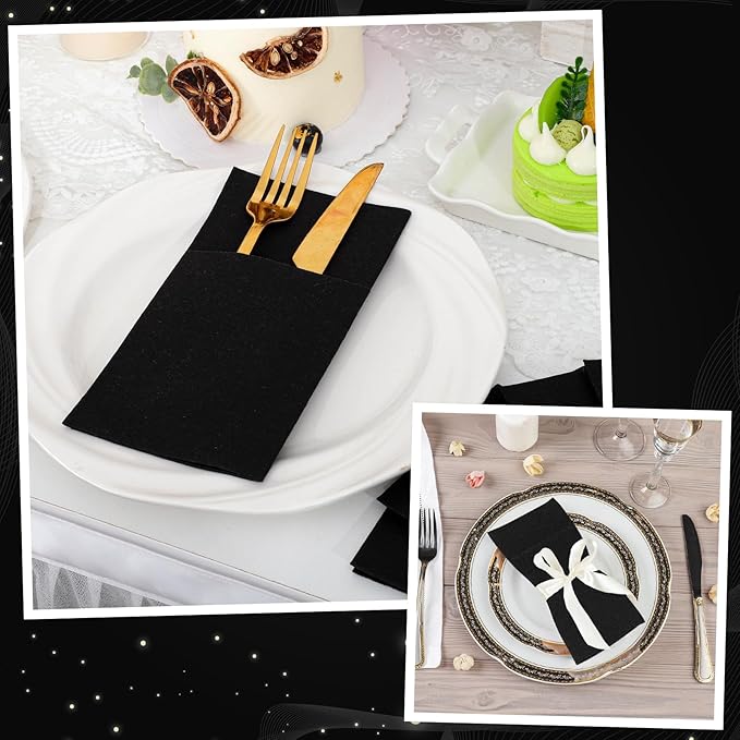 60 Pcs Black Linen-Feel Paper Napkins with Built-in Flatware Pocket, Graduation Pocket Linen Napkin Prefolded Cloth Like Paper Napkins Bulk for New Year Silverware Birthday Bathroom Weddings Party