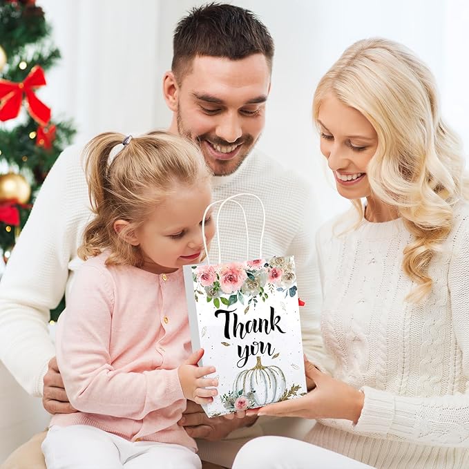 20Pcs Thank You Gift Bags with Handles, 8.2" x 5.8"x3.15" Flower Design Kraft Paper Gift Bags, Party Favor Bags for Wedding Birthday Shower Thanksgiving