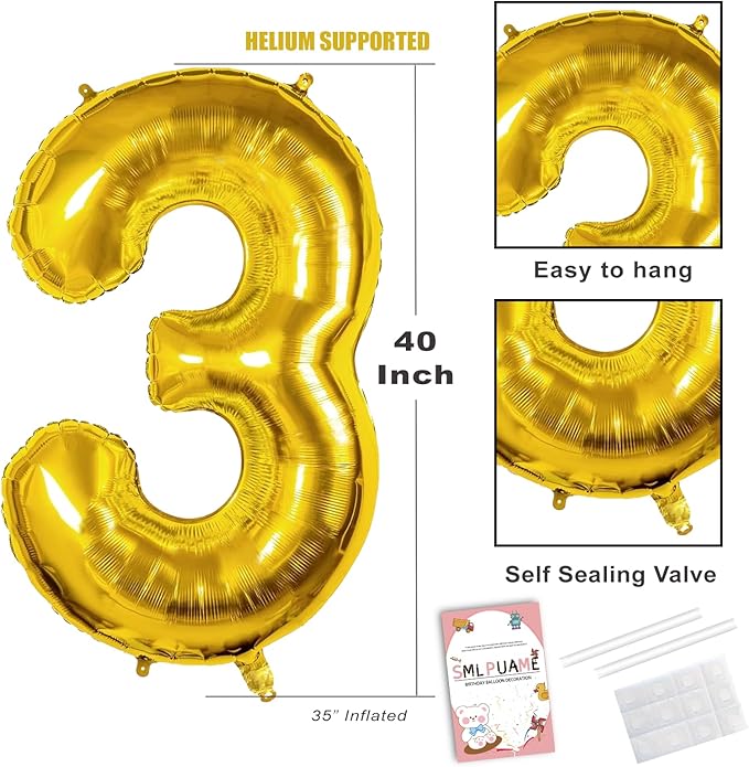 40 inch Number Balloon 0-9 Gold Large Number 3 Balloons,Digital Balloons for Birthday Party Celebration Decorations Supplies, Helium Foil Number Balloons for Wedding Anniversary