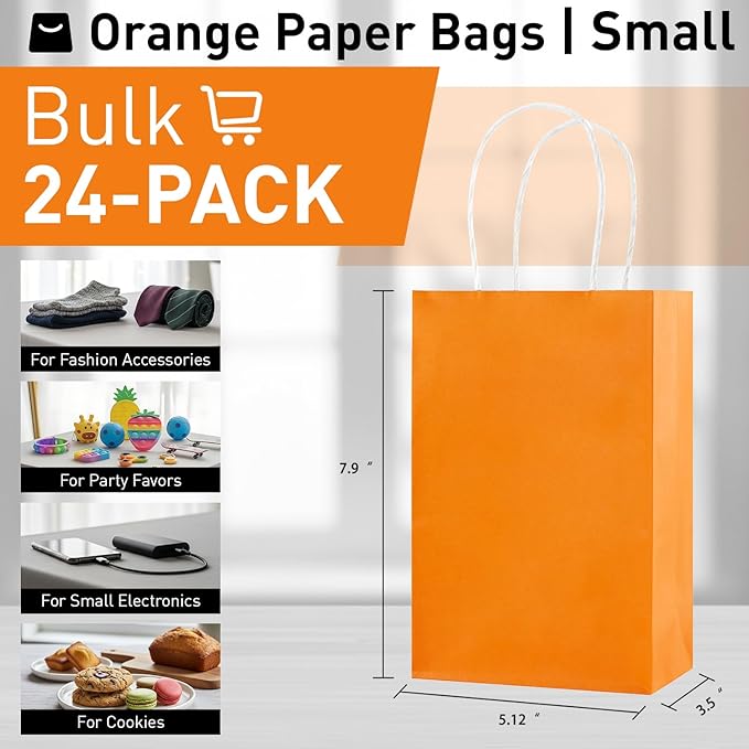 SUNCOLOR Orange Gift Bags with Tissue Paper, 24 Pack Small Kraft Paper Party Favor Bags, 7.9 x 5.12 x 3.15 Inches with Handles for Halloween, Fall Parties, Birthdays