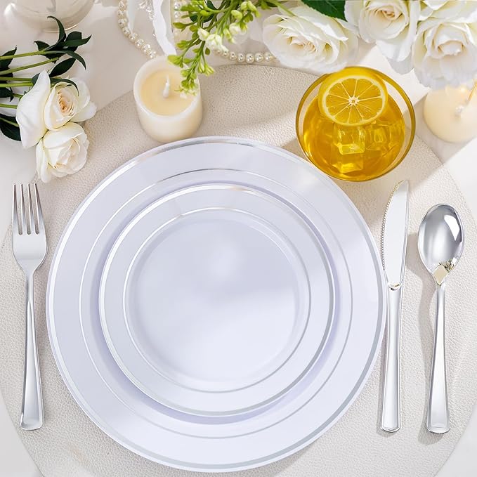 WELLIFE 300 PCS Silver Dinnerware Set for 50 Guests, Silver Plastic Disposable Plates for Party, 50 Dinner Plates, 50 Salad Plates, 50 Cups Forks Knives Spoons for Wedding and Party Anniversary