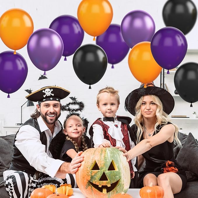 FunHot Halloween Party Balloons, 60Pcs Black Purple Orange Balloons, 12 Inch Metallic Purple Black Latex Balloons Purple Orange Party Balloons Helium for Kids Halloween Birthday Decorations Indoor