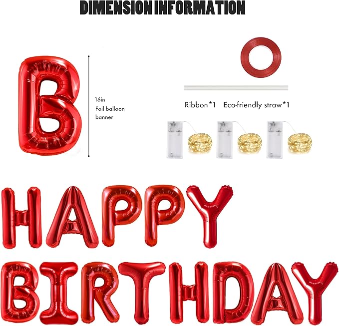 CANREVEL Happy Birthday Banner 13pcs 16 Inch Mylar Foil Letters Sign Balloons with LED Lights Birthday Party Decorations for Kids and Adults - 3D Red