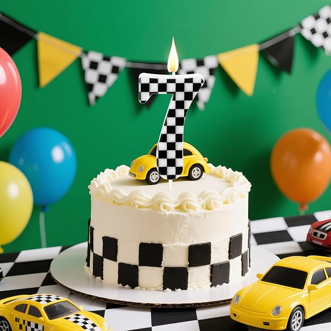 Racing Car Themed Birthday Candles, Number 7 Checkered Candles, Black & White Checkered Cake Decoration, Car Cake Topper for Party Decoration Theme Party Supplies