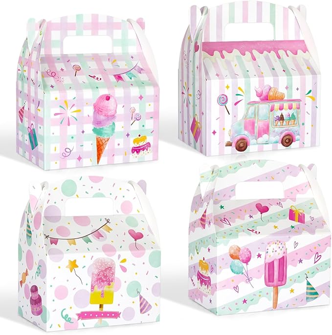 WERNNSAI 12 Pack Ice Cream Party Boxes - Ice Cream Birthday Decorations Summer Party Favor Boxes for Girls Kids Pink Purple Popsicle Candy Gift Box for Birthday Holiday Decoration