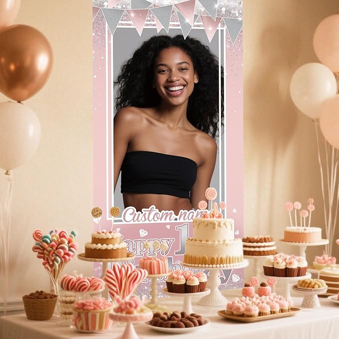 Personalized Happy Birthday Door Banner with Photo Custom Name Birthday Decorations Party Supplies for Women Men (Rose Pink)
