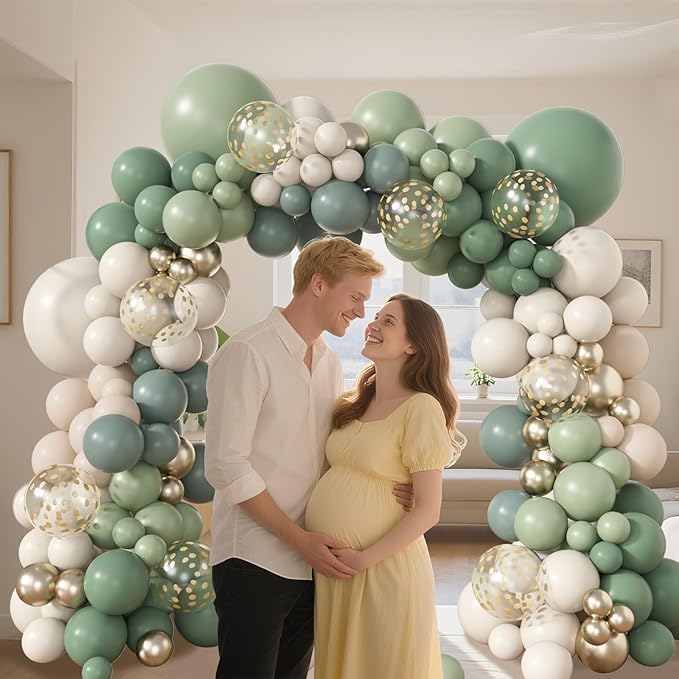 Amandir 173Pcs Dusty Green White Sand Balloon Arch Garland Kit, Beige Cream Mist Olive Light Sage Green Gold Confetti Balloons for Birthday Baby Shower Woodland Wild One Wedding Party Decorations