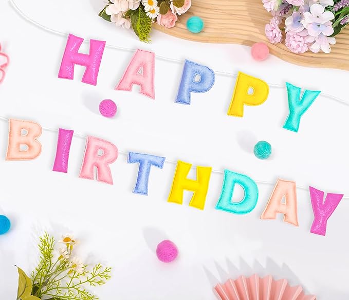 Pre-Strung Happy Birthday Banner - Felt Ball Garland, Rainbow Party Decorations, HAPPY BIRTHDAY Garland, Personalized Birthday Sign for Birthday Decor, Party Decor, Photo Prop (Pastel Happy Birthday Banner)