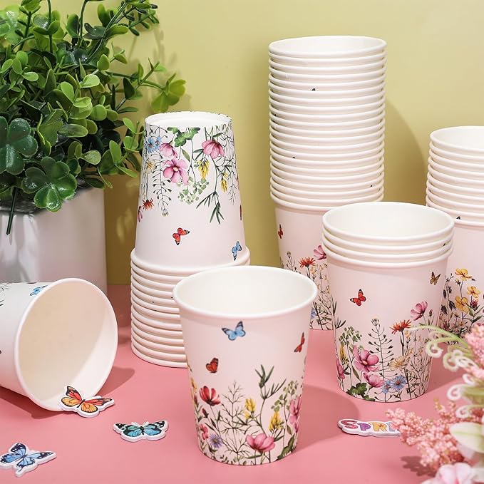 FYSUIMU 50Pcs Wildflower Paper Cup 9 Oz Disposable Coffee Cups Floral Party Cups for Spring Wedding Bridal Baby Shower Birthday Party Supplies