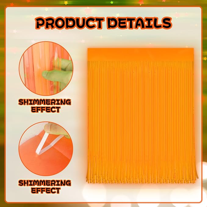 4 Pack Glow in The Dark Curtains Party Supplies 6.6 x 3.3 Ft Glow Tinsel Foil Fringe Curtains Orange Photo Booth Prop Backdrop Streamer for Birthday Holiday Neon Party Decorations