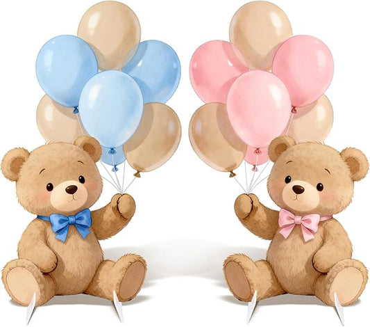 2Pcs Gender Reveal Bear Cardboard Cutouts Standup, Pink Blue Bear Baby Shower Birthday Party Decorations, He or She Photo Booth Props Yard Signs with Stakes & Stands for Indoor Outdoor Use