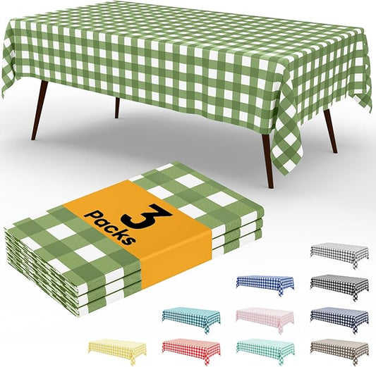 Smiry 3 Pack Sage Green Gingham Disposable Tablecloths - 54" x 108" Heavy Duty Plastic Table Cloth, Waterproof Buffalo Plaid Table Covers for Picnic, Banquets, Outdoor, Easter