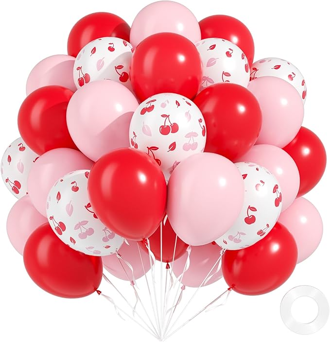 Cherry Balloons, 60pcs 12inch Pink and Red Balloons with White Print Balloon for Baby Shower Birthday Party Decorations