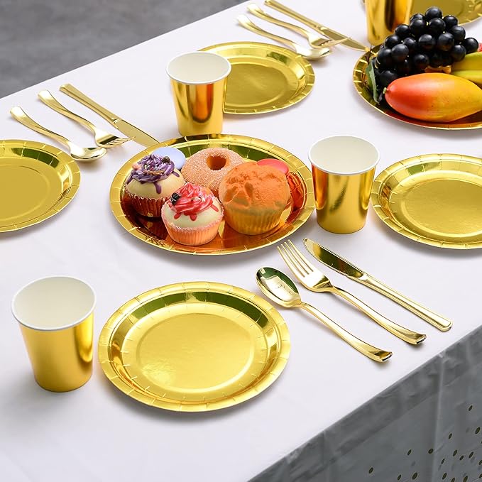 200pcs Solid Gold Party Supplies - Gold Paper Plates & Napkins, Silverware, Serves 25 Sets for Wedding, Bridal Shower, Engagement, Birthday Parties