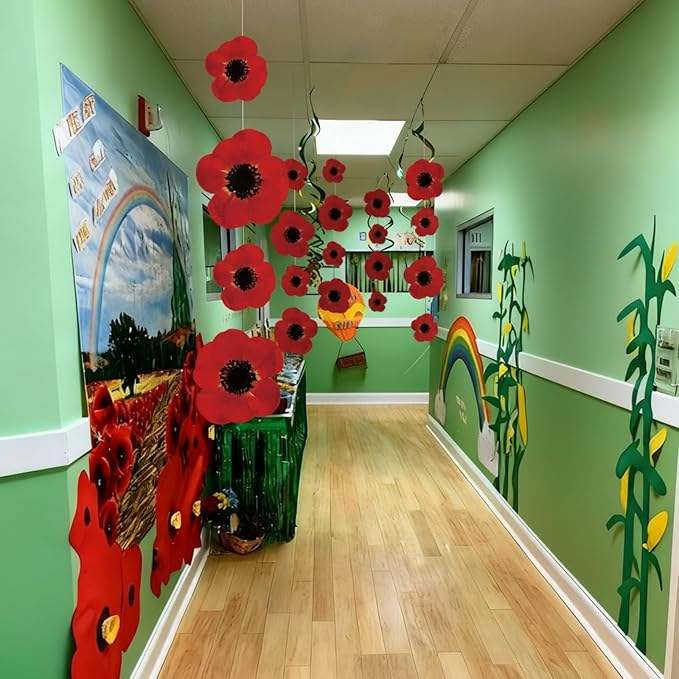 Preboun 20 Pcs Wizard Themed Party Decorations Red Poppy Flowers Hanging Garlands, Red Flower Hanging Banners Ceiling Poppy Cutouts Decor for Classroom Wizard Birthday Shower Party Favor