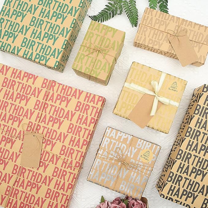 Happy Birthday Wrapping Paper For Men Boys Women Adults Kids Girls, Gift Wrapping Paper Recycled Multipack (7 Sheets,20 x 28 inches per sheet,27 Sq.ft. ttl.,) W/ 10 Gift Tags Jute Twine Tape Stickers