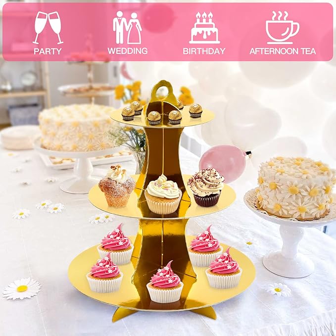 Soleebee 3-Tier Round Cupcake Stand, Cardboard Cupcake Tower, Dessert Cup Cake Stand Tower for Birthday Wedding Party Decoration, Cupcake Tier Stand 2 Set (Gold)