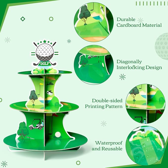 Golf Cupcake Stand 3 Tiers Golf Themed Cake Stand Cardboard Dessert Tower Birthday Party Decorations Dessert Cake Table Displays Sport Party Supplies for Sport Themed Birthday Decoration