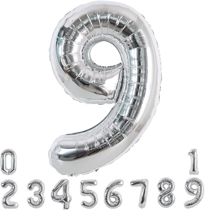 TONIFUL 40 Inch Silver Large Numbers Balloons 0-9, Number 9 Digital 9 Helium Foil Mylar Big Number Balloons for 2026 Graduation New Year Eve Birthday Party Anniversary Supplies Decorations