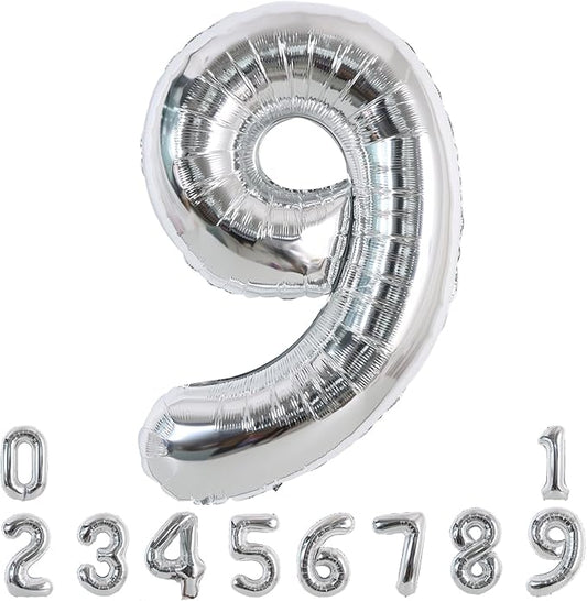TONIFUL 40 Inch Silver Large Numbers Balloons 0-9, Number 9 Digital 9 Helium Foil Mylar Big Number Balloons for 2026 Graduation New Year Eve Birthday Party Anniversary Supplies Decorations