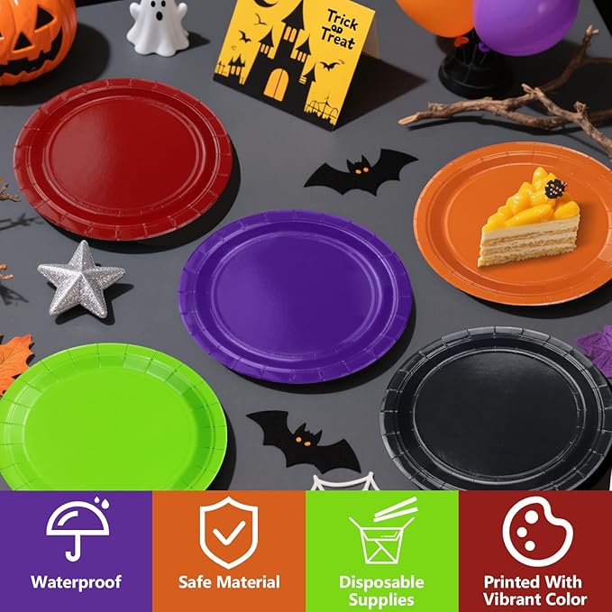 50Pcs Halloween Plates - 9” Black Red Orange Green Purple Round Bulk Dinner Plates for Holiday Picnic Celebrations Halloween Party Decorations