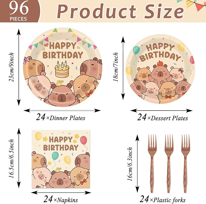 96Pcs Capybara Birthday Party Decorations Capy Birthday Tableware Set Cute Cartoon Animals Disposable Paper Plates Napkins Capybara Party Supplies for Kids Baby Shower Favors Table Decor Serves 24
