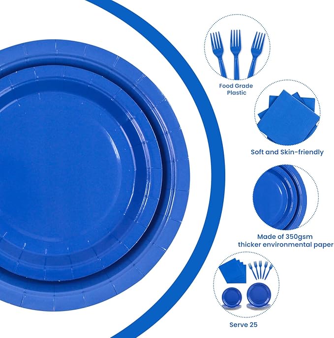 100PCS Blue Paper Plates Disposable Party Tableware Set Includes 7in & 9in Paper Plates Napkins and Forks Party Decoration Supplies for Birthday Graduation Wedding and Holiday, Serve 25