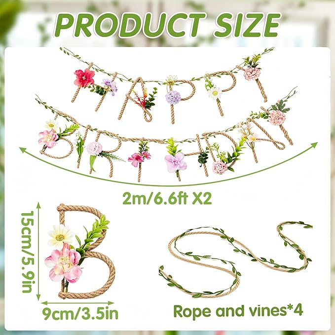 SUNBEAUTY 2 Pcs Wildflower Birthday Party Decorations 13.2FT Sturdy Hemp Rope Metal Happy Birthday Banner Handmade Hanging Banner 3D Garland Garden Tea Party Floral Decorations for Girls Women Baby