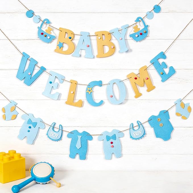 SUNBEAUTY Boy Baby Shower Decorations Welcome Baby Felt Banner Blue Boy Baby Bodysuit Banner with DIY Felt Balls Welcome Baby Sign for Gender Reveal Birthday Baby Shower Neutral Party Nursery Decor