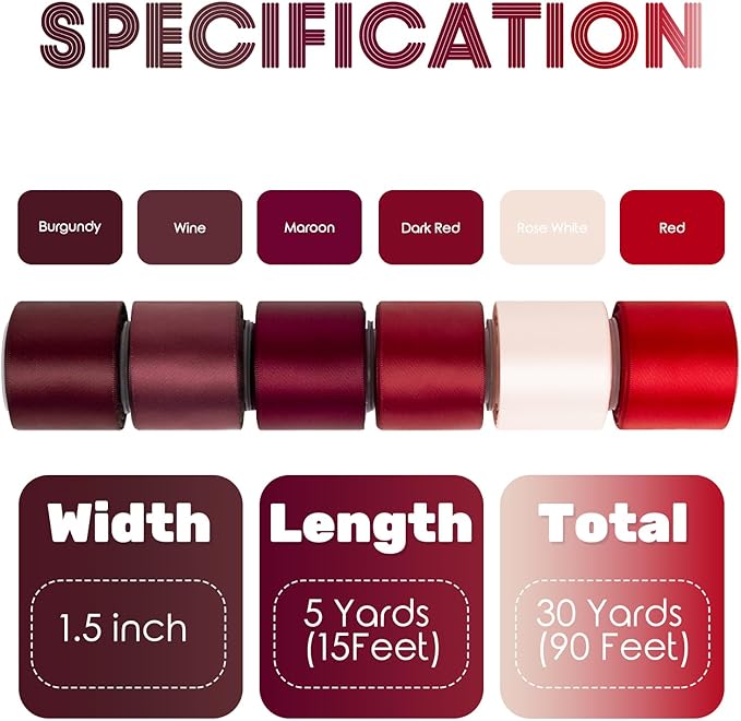 Red Satin Ribbon 1.5 Inch Assorted Burgundy, Dark Red, Maroon, Wine, Rose White, Double Faced Satin Ribbon for Flower Bouquet, Gift Wrapping, Wedding Invitation, Bows, Crafts, Gift Bags - 30Yards