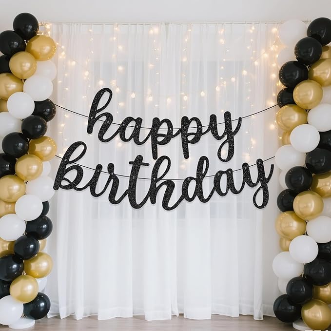 Glitter Happy Birthday Banner Sign Wall Door Banners for Women Men Boys Girls Birthday Party Backdrop Garland Decorations, Personalized Letters Name Banners Connected Black