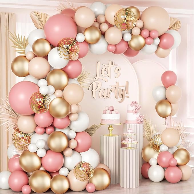 Pink White Balloon Arch Kit, Retro Pink Nude Matte White Metallic Gold Balloons and Gold Confetti Balloons for Valentines Day Boho Engagement Wedding Bridal Shower Birthday Decorations