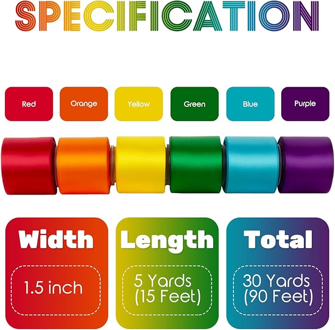 Rainbow Ribbon 1-1/2 Inch Wide Assorted Bulk Pack Colorful Double Faced Satin Ribbon Set for Crafts, Gift Wrapping, Easter, Baby Shower, Birthday, Fiesta Party, Wedding Decor, Hair Bows - 30Yds