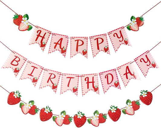 Paper Jazz Strawberry Hanging Banner Decorations，Red Fruit Banners Happy Birthday, Red Berry First Birthday Party Supplies for Theme 1st Birthday And Garden Party,Strawberry Themed Party Favors.
