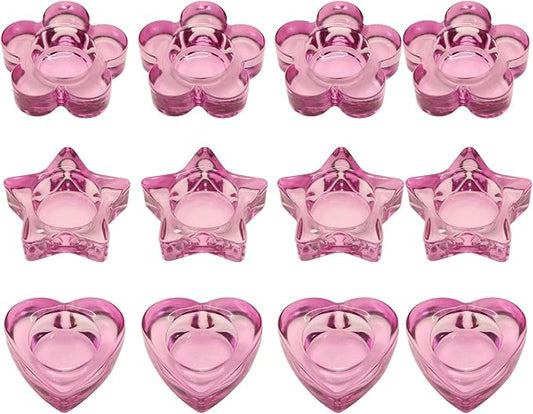 Pink Votive Candle Holders Set of 12 for Table Centerpiece(3 Sizes,Heart/Flower/Star) Tealight Candle Holders Bulk for Birthday Party,Wedding Dinning,Home Decor, Valentines Christmas Decoration(Pink)