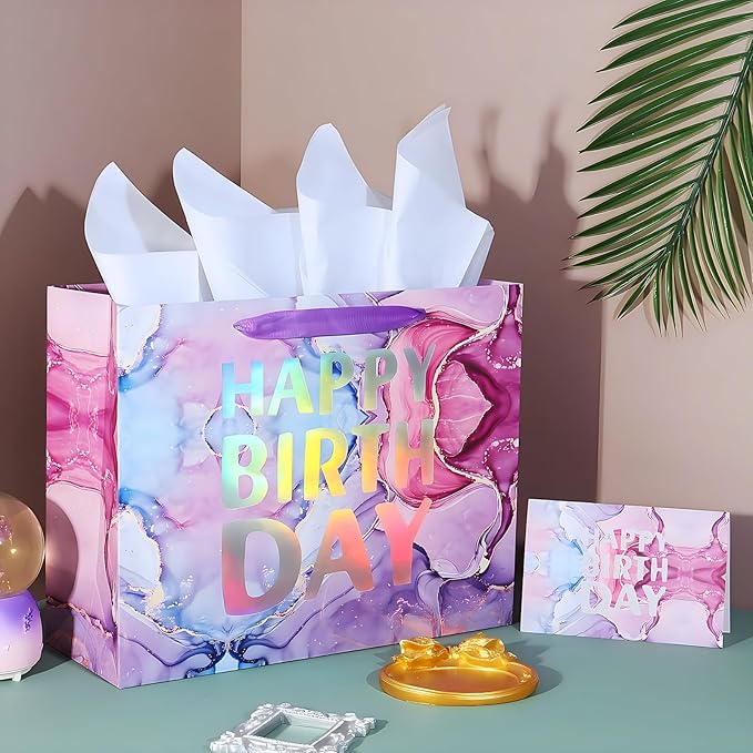 PARNOG 13" Large Happy Birthday Gift Bag with Tissue Paper and Card for Girls Kids Women Birthday（2PCS）