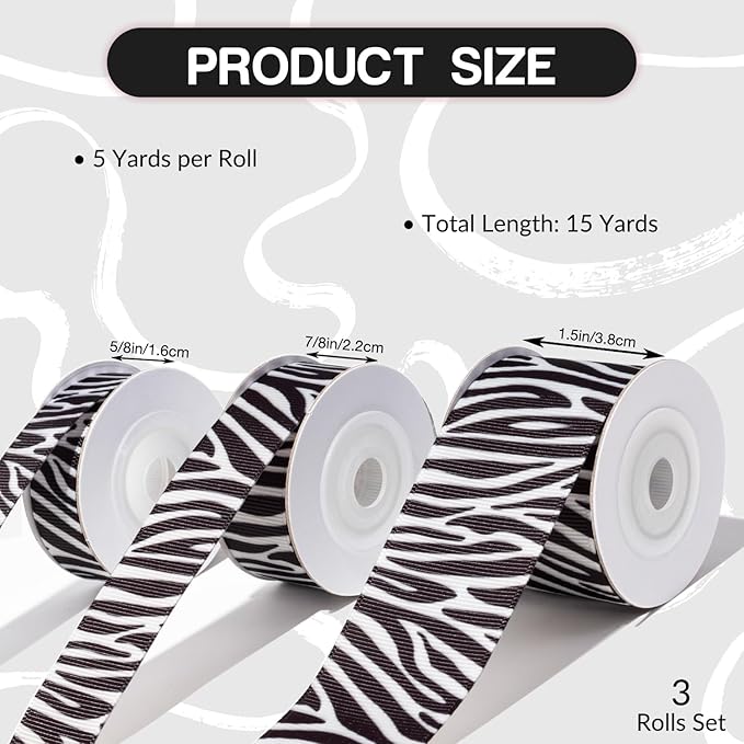 Zebra Ribbon Set 3 Rolls Animal Print Grosgrain Ribbons 5/8", 7/8", 1.5", Jungle Safari Printed Ribbon for Crafts, Gift Wrapping, Flower Bouquet, Wreath & Bows Making, Gift Bags Decor