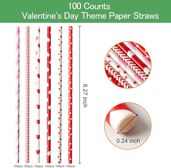 [100 Pack] Valentine Paper Straws, φ0.24''*8.27'' Red Heart Paper Straws for Valentines, Wedding, Party, Eco Friendly Drinking Straws (Red Heart, 0.24''*8.27'')