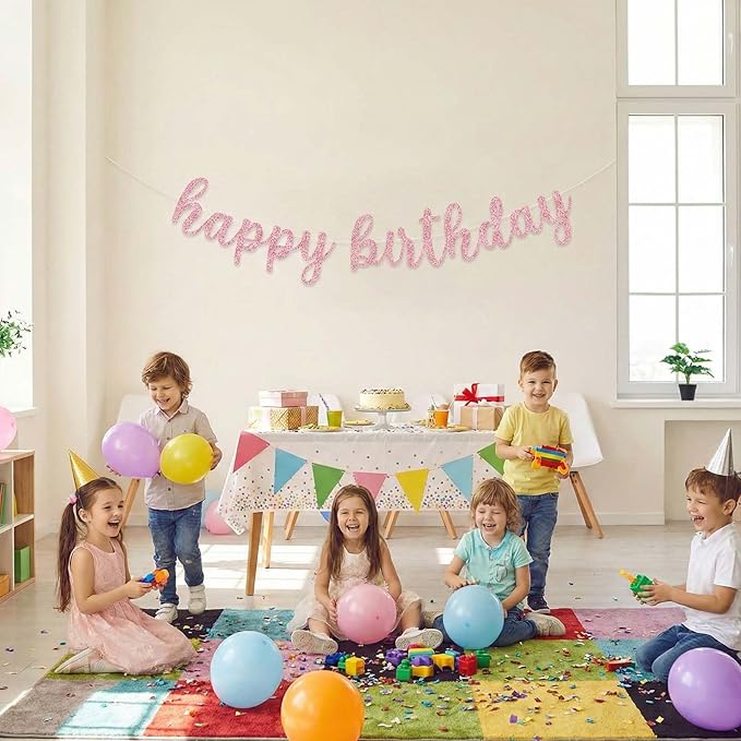 Glitter Happy Birthday Banner Sign, Reusable Birthday Celebration Garland Hanging Decorations, Wall Backdrop Banners DIY Party Supplies for Girls, Women (Rose Gold)