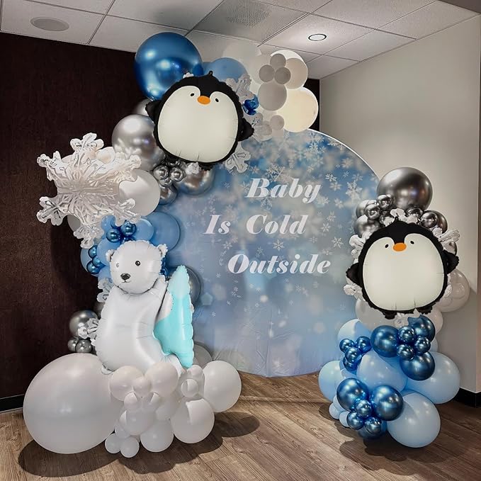 Winter Wonderland Balloon Arch Kit, 159pcs Silver Blue White Latex Balloons with Polar Bear/Penguin/Snowflake Foil Balloons for Is Cold Outside Baby Shower, Birthday, Winter Party Decorations