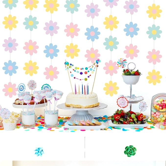 Pasimy 8 Pcs Daisy Boho Party Decorations Groovy Daisy Paper Garlands White Flower Hanging Garland Banner Hippie Flower Cutouts for Birthday Shower Wedding Party Favor Supplies(Groovy,Pastel)